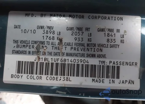 2011 Mazda Mazda3 I Sport z USA, uszkodzony, nr VIN JM1BL1UF6B1403904